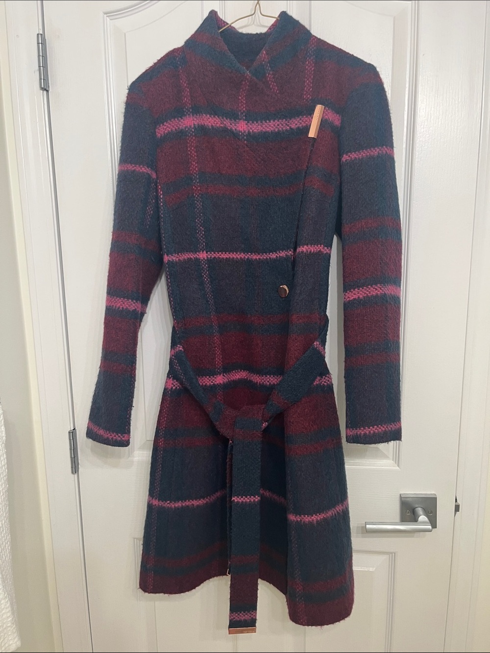 Ted Baker Navy, Burgundy & Pink Plaid Long-Sleeve Wrap Coat Dress